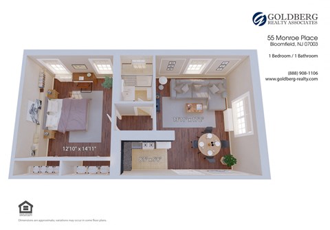 Floor plan for 1 bed, 1 bath, 623 sqft